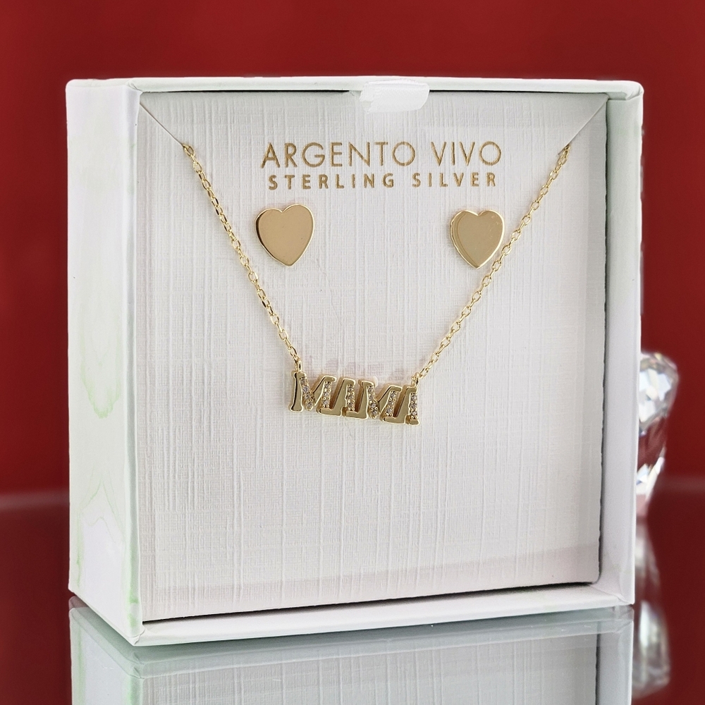 Argento Vivo Heart Stud Earrings & CZ Pavé 'Mama' Necklace Set Gift Gold Tone